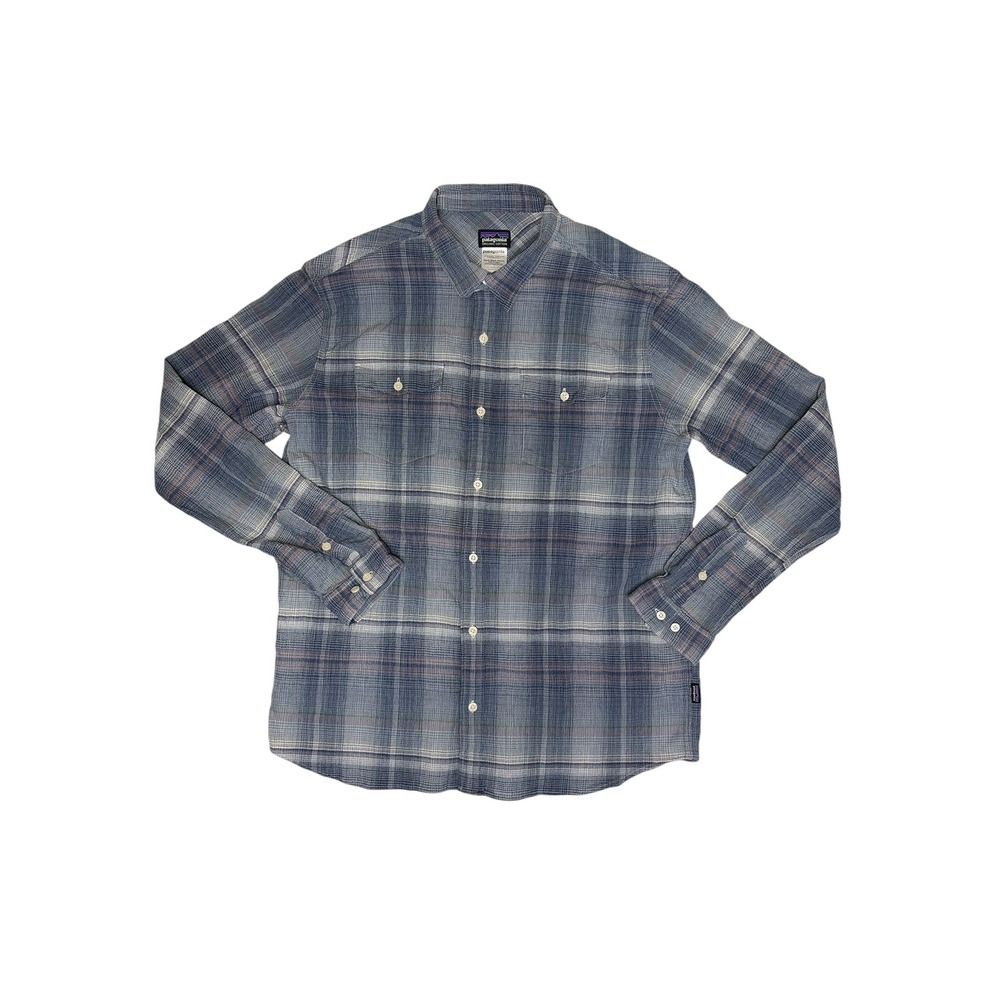 Patagonia Mens XL Organic Cotton Plaid Button‎ Down Shirt Blue Grey Long Sleeve